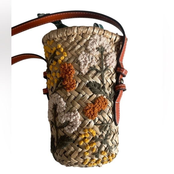 ZARA Raffia Mini Crossbody Brunt Orange Strap Floral embroidery details - Picture 6 of 7